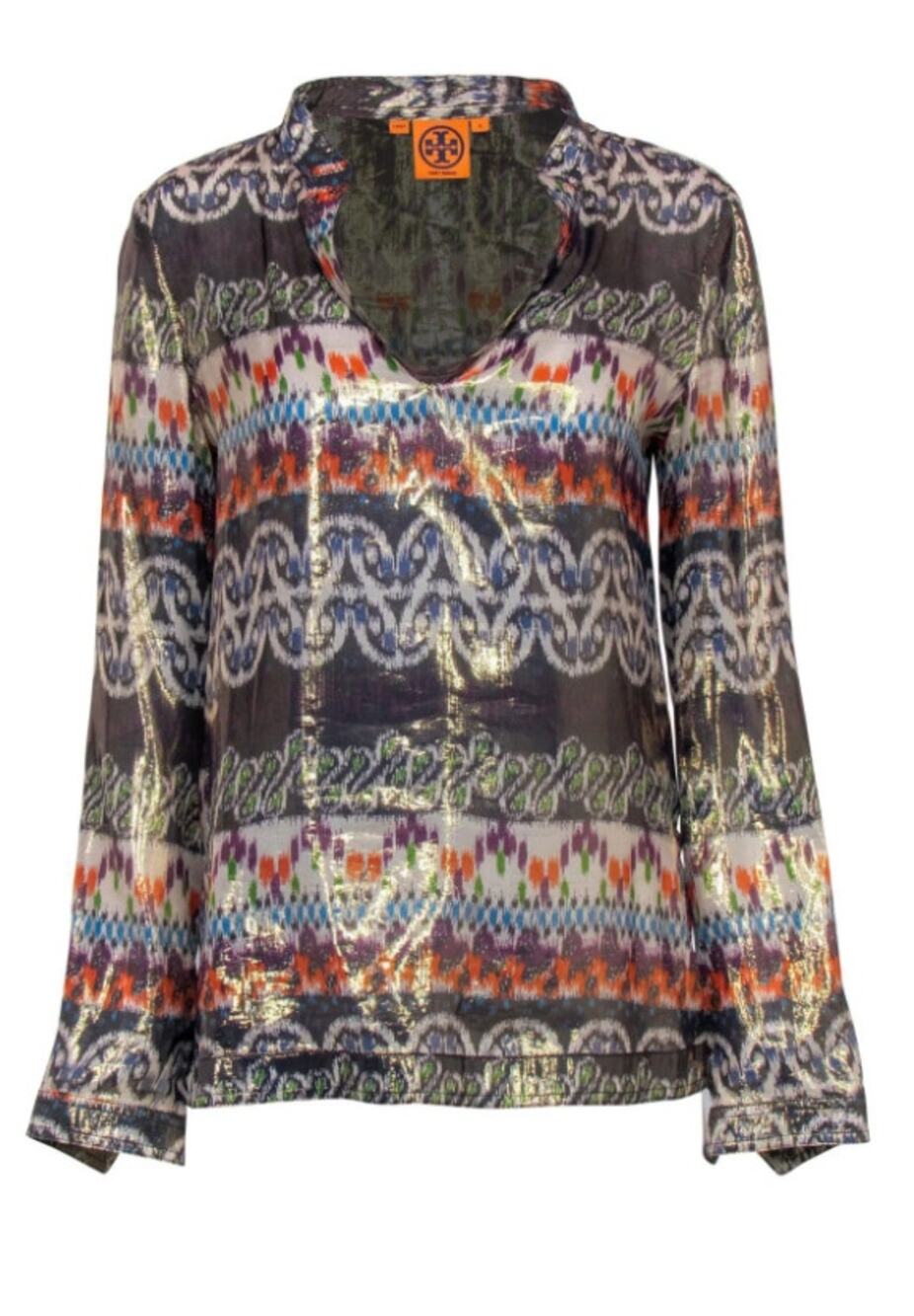 TORY BURCH purple orange green aztec print metallic silk long sleeve top blouse